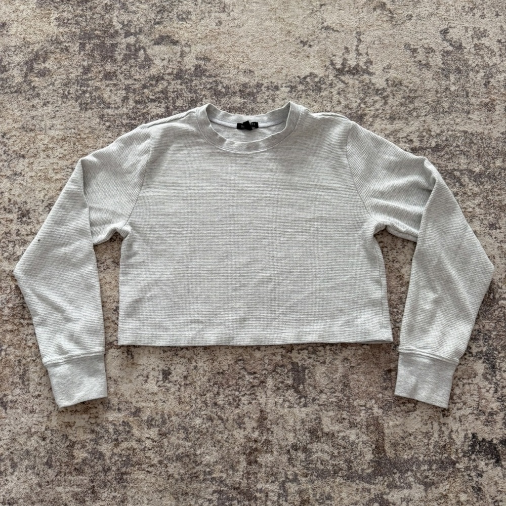 Cropped Waffle Knit Long Sleeve Top Grey Minimal Fitted Basic Size Small